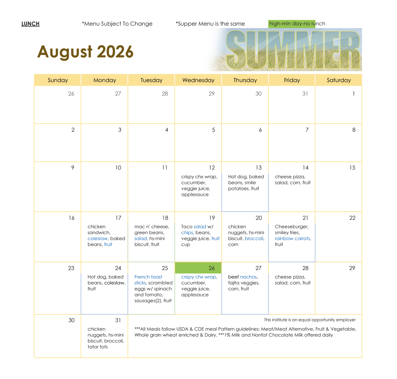 Lunch Menu August 2026